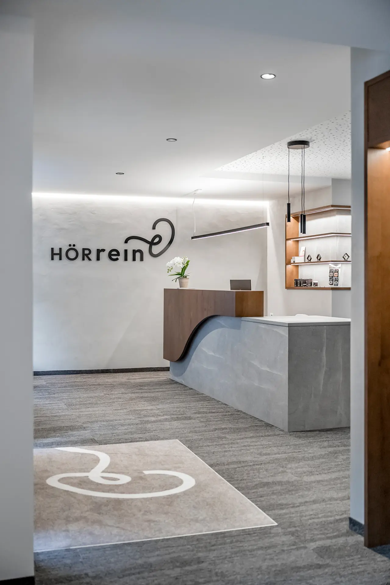 Moderner Empfangsbereich mit einem geschwungenen grauen Schreibtisch, weißen Wänden, Logo und Regalen mit Hörsystemen.