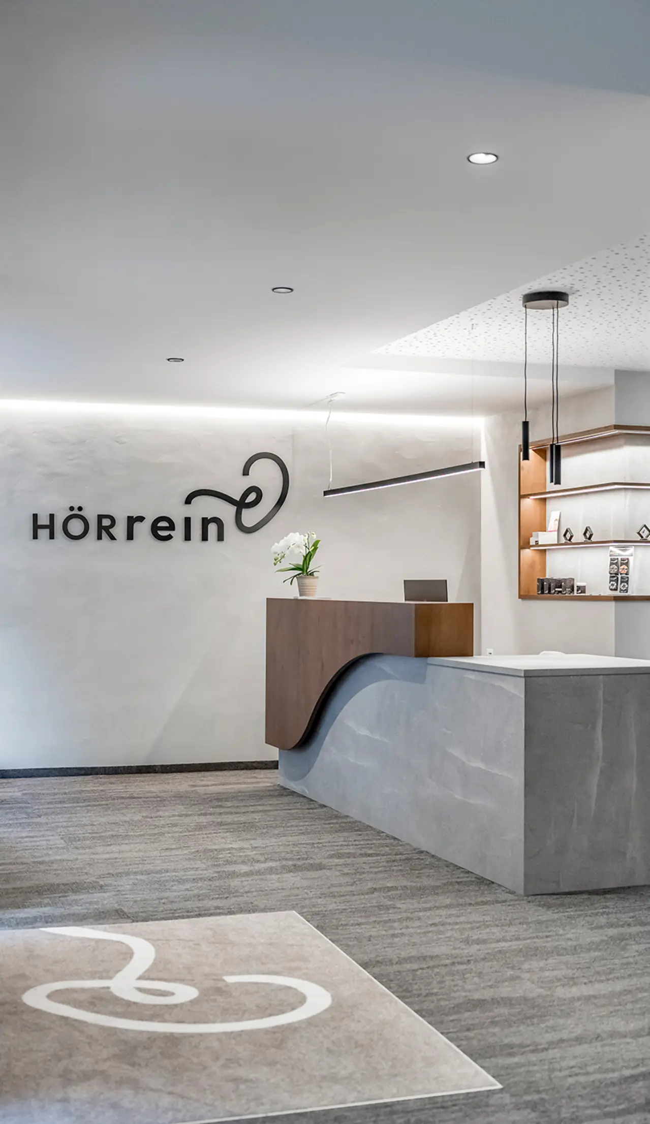 Moderner Empfangsbereich mit einem eleganten Schreibtisch, Regalen und einem Logo an der Wand mit der Aufschrift HÖRrein.